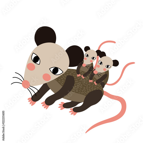 Mother and baby Opossum animal cartoon character. Isolated on white background. Vector illustration.