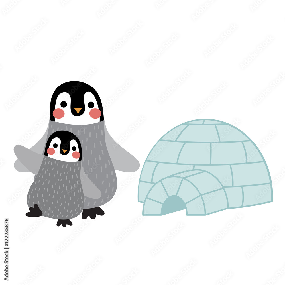 Penguin mother and child in front of igloo animal cartoon character. Isolated on white background. Vector illustration.