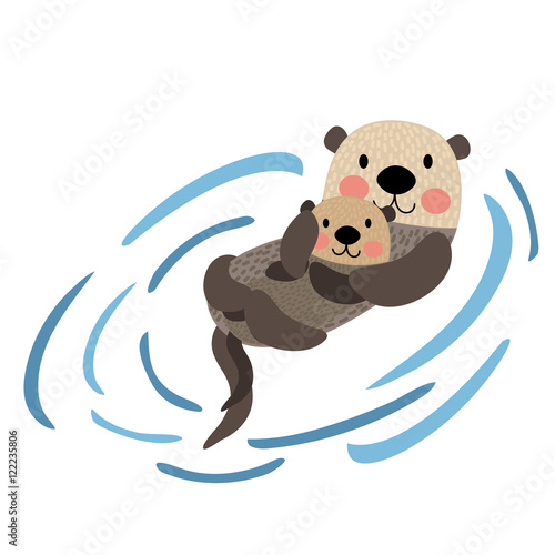 Otter mother and child animal cartoon character. Isolated on white background. Vector illustration.