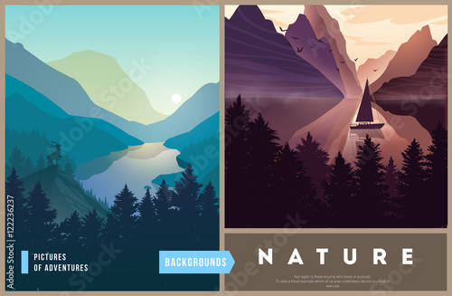 Set of nature landscape backgrounds with silhouettes of mountains and trees.
