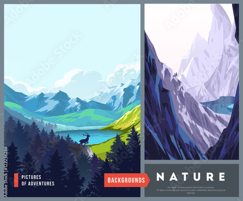 Set of nature landscape backgrounds with silhouettes of mountains and trees.