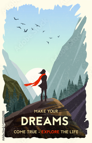 Inspirational poster. Girl standing alone on rock watching sunset in mountains