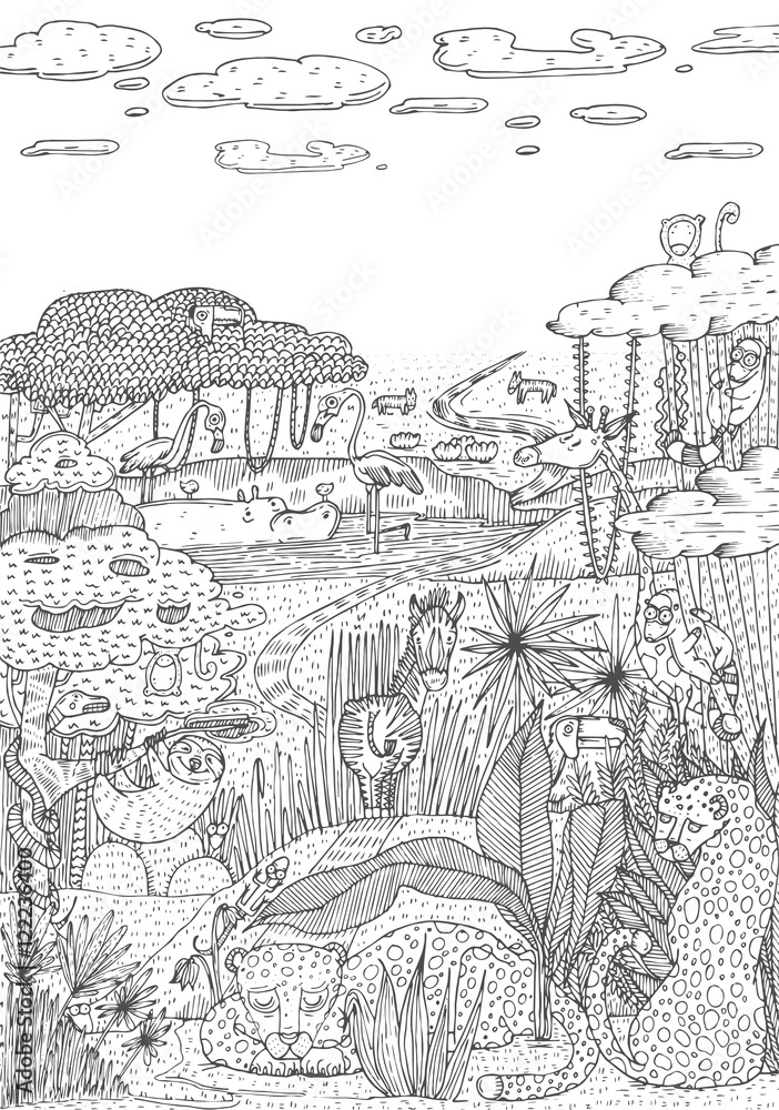 Wild life in jungle drawn in line art style. Coloring book page design Wild life in jungle drawn in line art style. Coloring book page design