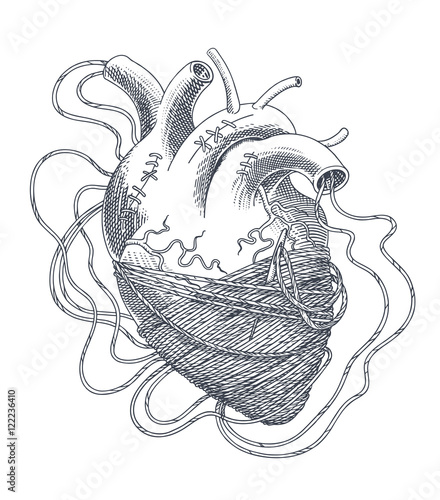 Stylized illustration of heart tangled in threads