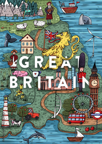 Funny Hand drawn Cartoon Great Britain map with most popular places of interest