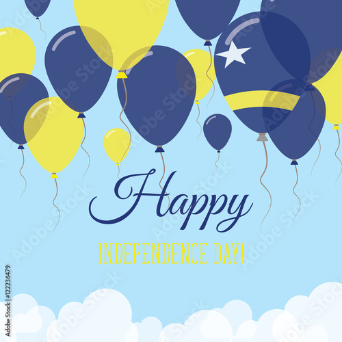 Curacao Independence Day Flat Greeting Card. Flying Rubber Balloons in Colors of the Dutch Flag. Happy National Day Vector Illustration.