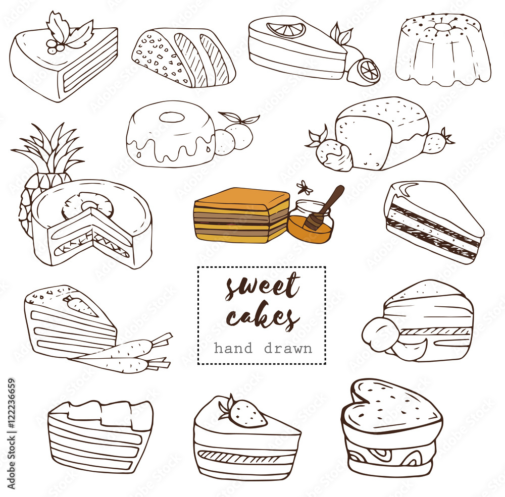 Handdrawn collection of the different sweet cakes and desserts. Line