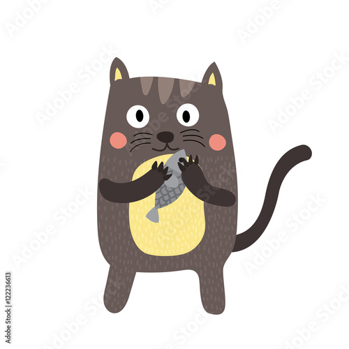 Standing Cat holding fish animal cartoon character. Isolated on white background. Vector illustration.