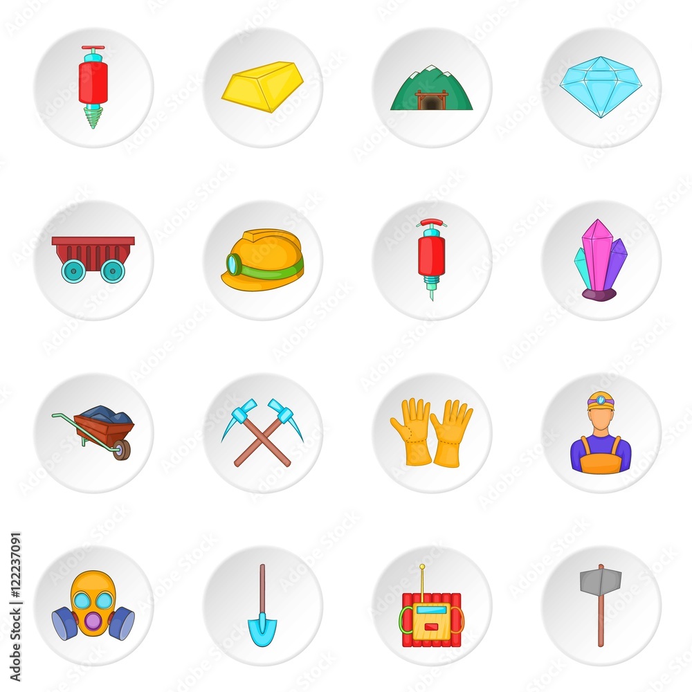 Mining icons set in cartoon style. Quarrying industry set collection vector illustration
