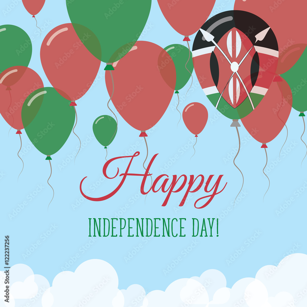 Kenya Independence Day Flat Greeting Card. Flying Rubber Balloons in Colors of the Kenyan Flag. Happy National Day Vector Illustration.