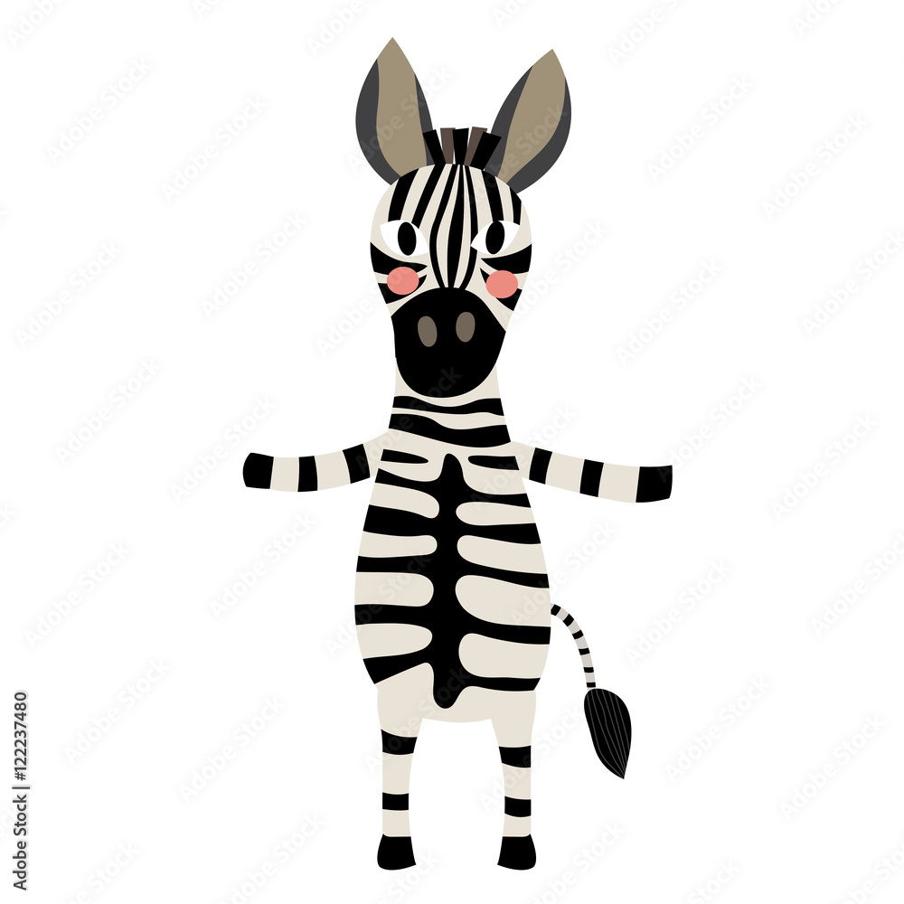Zebra standing on two legs animal cartoon character. Isolated on white  background. Vector illustration. Stock Vector