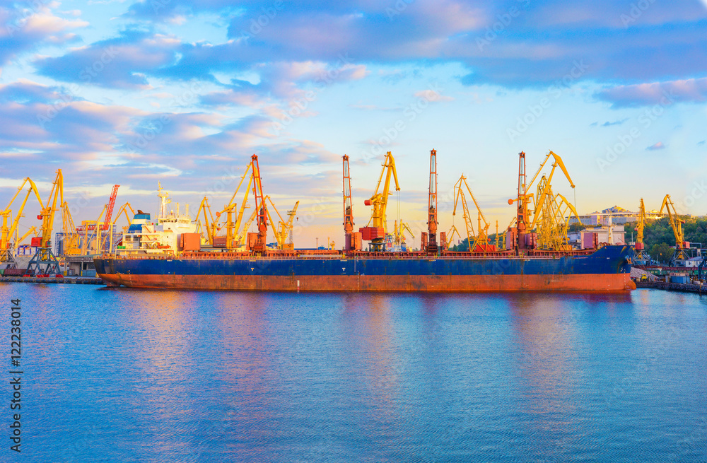 Panorama of the port cranes ships. bulk carrier ship in the port on loading. Panorama of the port cranes ships. bulk carrier ship in the port on loading.