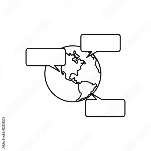 Globe and empty speech bubbles icon in outline style on a white background vector illustration