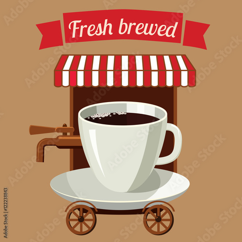 A cup of coffee stylized street cafe on wheels, cartoon, vector illustration