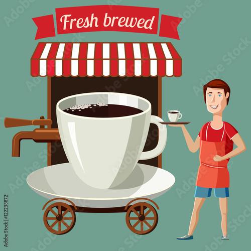 A cup of coffee stylized street cafe on wheels, barista , cartoon, vector illustration