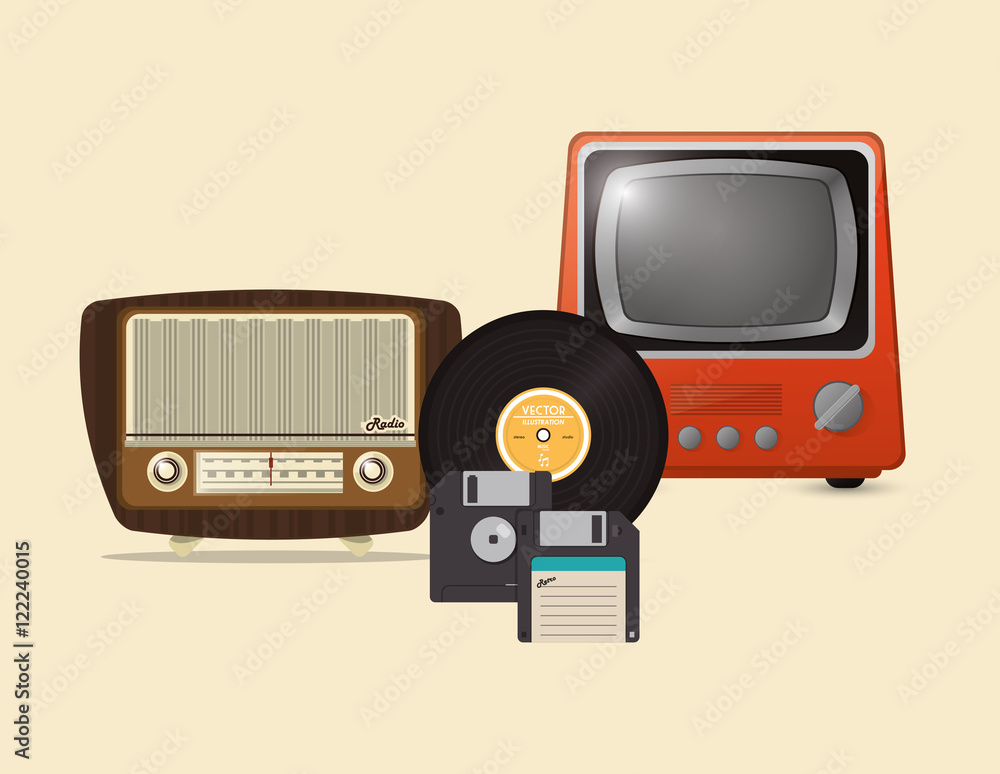 retro hipster radio vinyl record floppy disk and tv icons image vector  illustration Stock Vector | Adobe Stock
