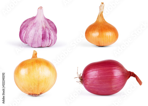 Garlic and onion isolated on white background set