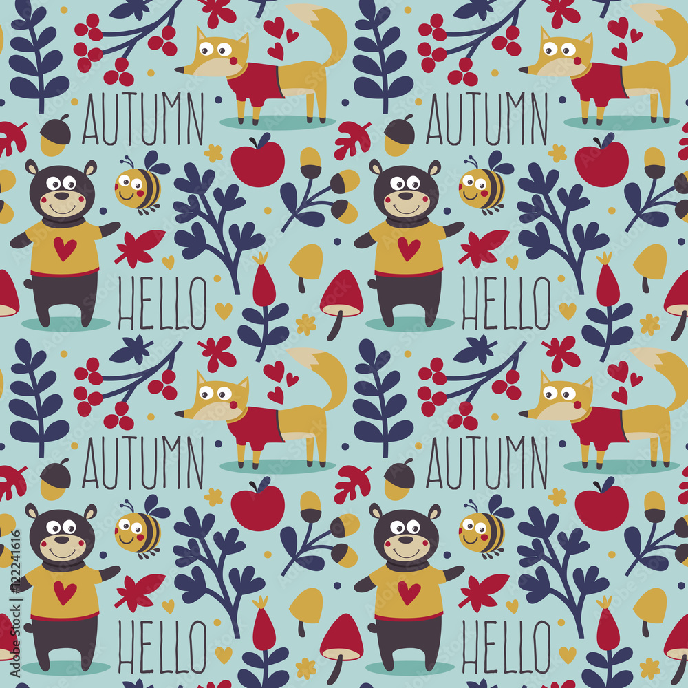 Seamless cute animal autumn pattern made with bear, fox, bee, flower, plant, leaf, berry, heart, friend, floral, nature