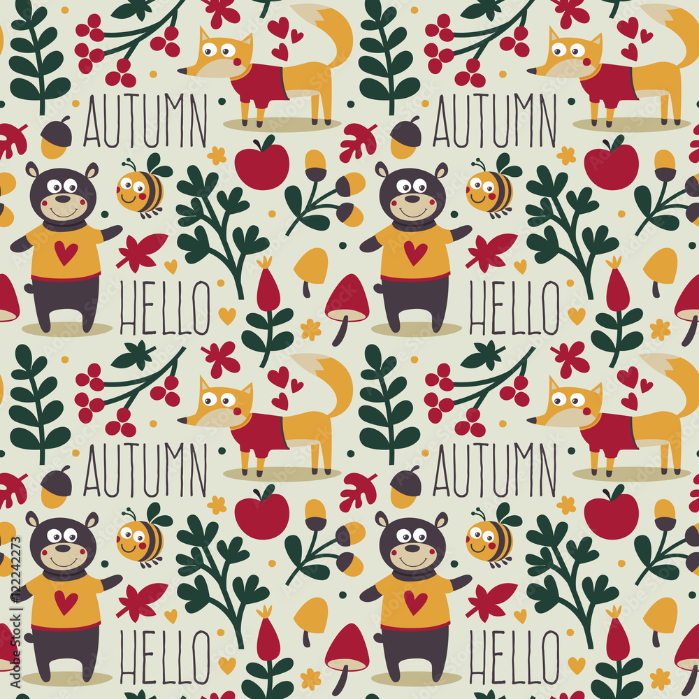Fototapeta premium Seamless cute animal autumn pattern made with bear, fox, bee, flower, plant, leaf, berry, heart, friend, floral, nature