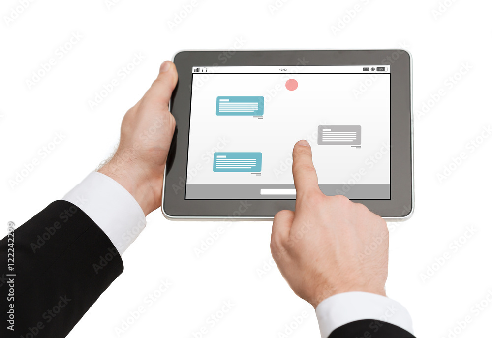 close up of hands holding tablet pc with messenger close up of hands holding tablet pc with messenger