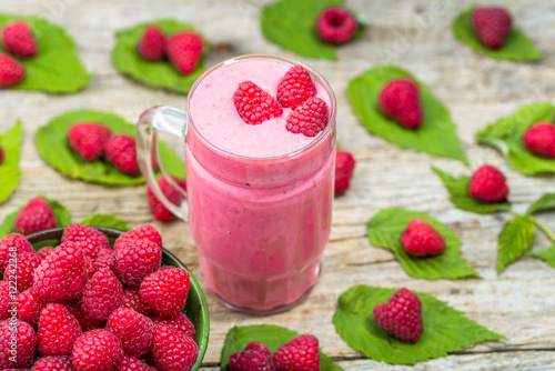 Fruit smoothie with yogurt and raspberries