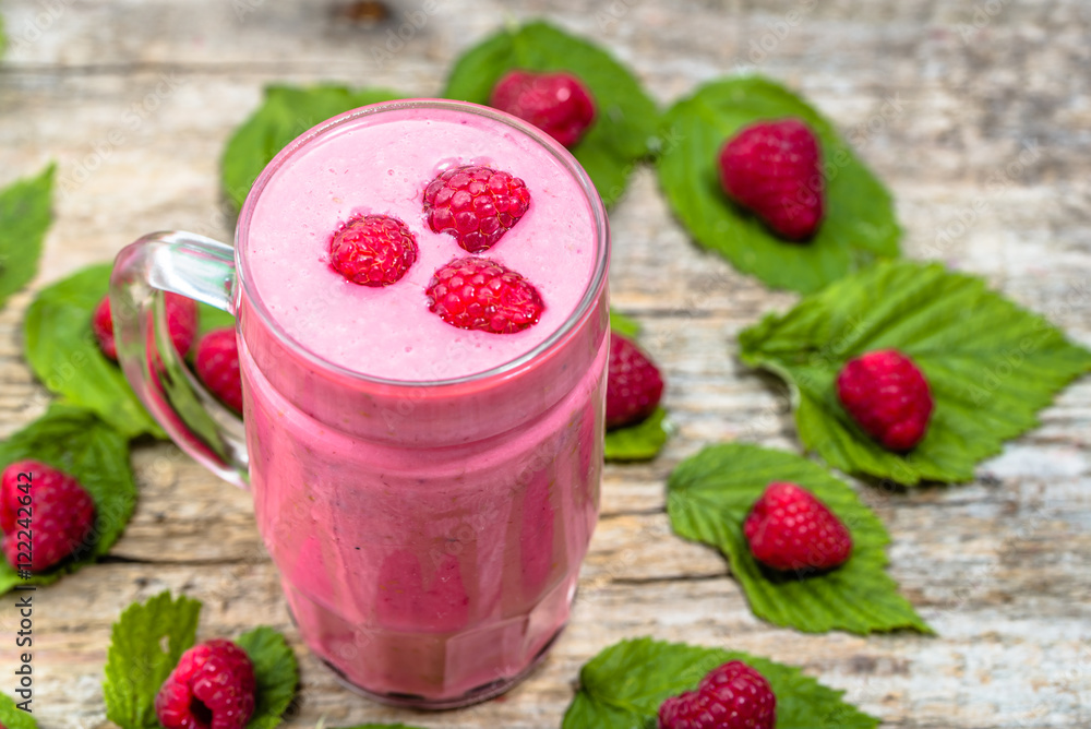 Yogurt smoothie with raspberries, fruit dessert Yogurt smoothie with raspberries, fruit dessert