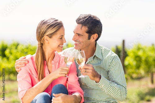 Happy couple toasting glasses of wine