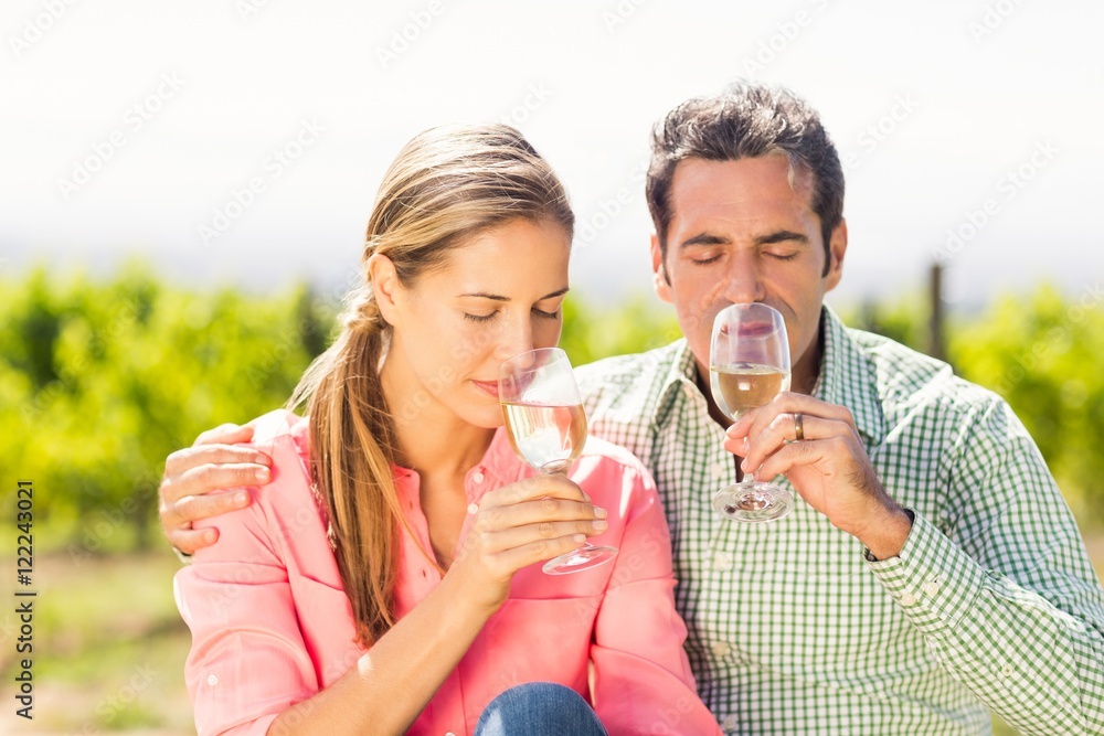 Fototapeta premium Happy couple smelling glasses of wine