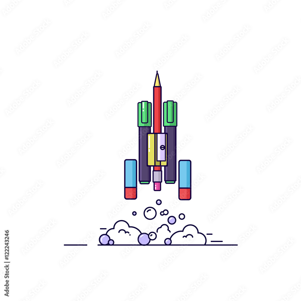 The rocket is made of markers and pens. Vector