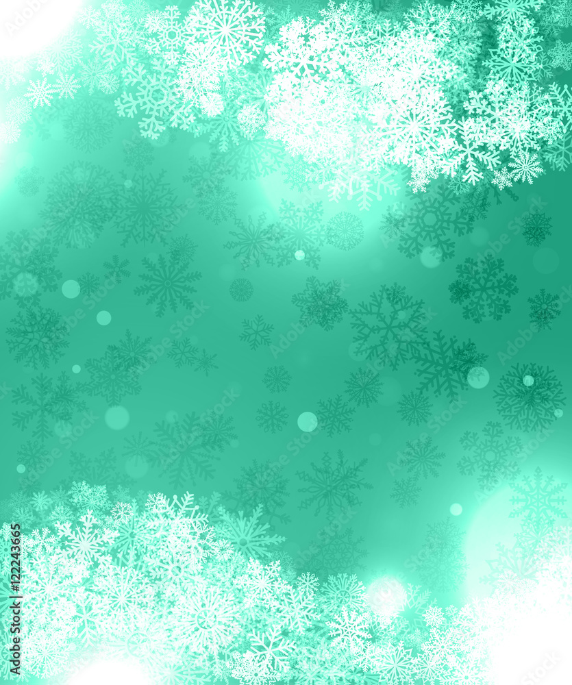 Background green for greeting cards with snowflakes and abstract pattern.