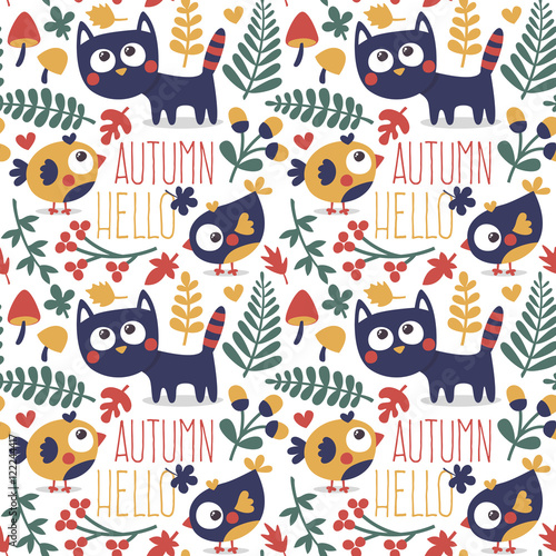 Seamless cute animal autumn pattern made with cat  bird  flower  plant  leaf  berry  heart  friend  floral  nature    acorn  mushroom  kitten