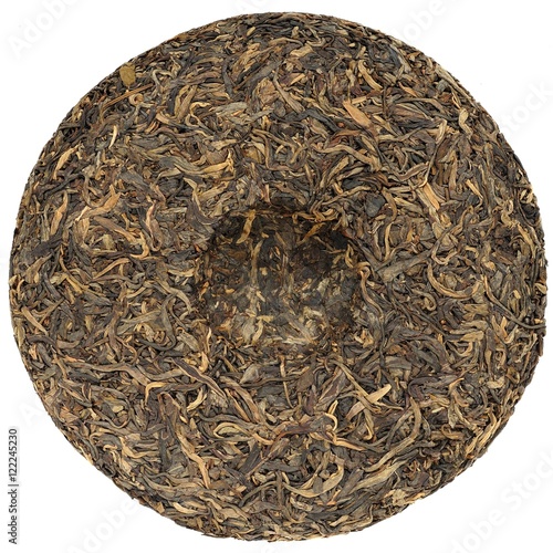 Chinese raw puerh tea with stone impress overhead view photo