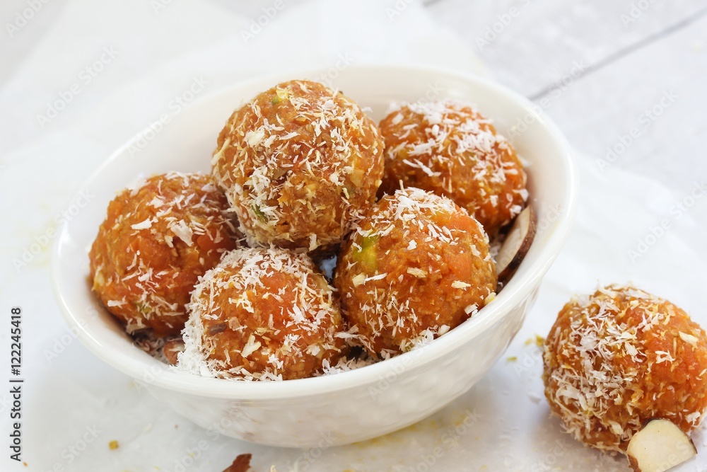 Carrot Halwa laddu / Carrot Coconut Balls, selective focus Carrot Halwa laddu / Carrot Coconut Balls, selective focus