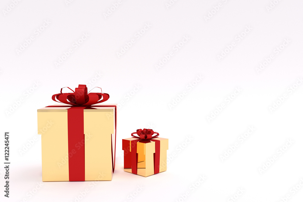 3D rendering of golden gift boxes with red ribbon. 3D rendering of golden gift boxes with red ribbon.