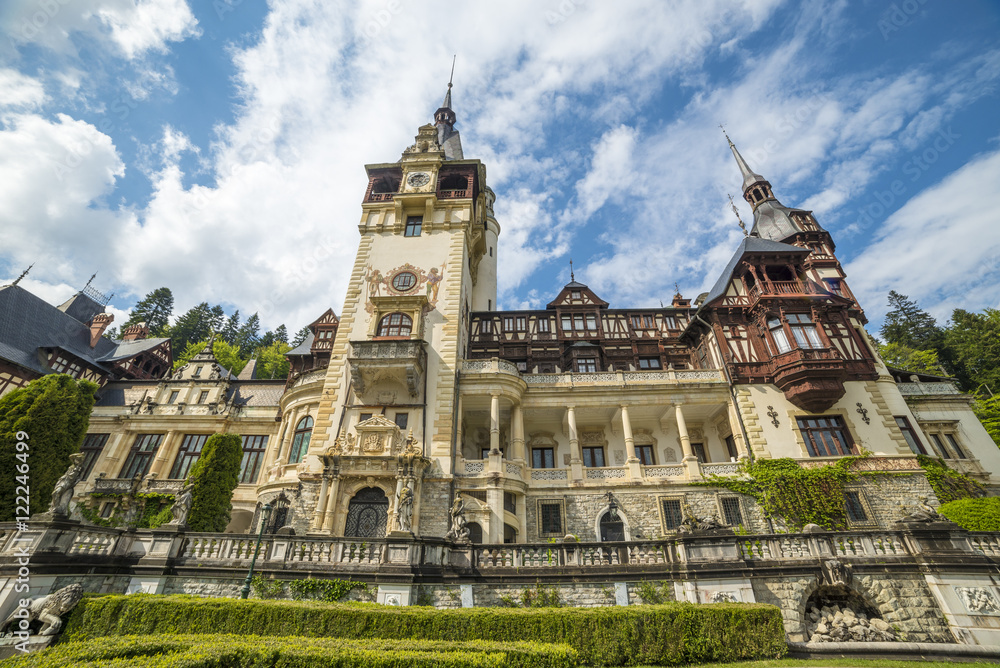 Beautiful and traditional architecture of Peles palace, the most famous medieval building of Romania