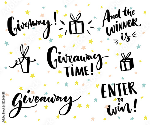 Giveaway text and design elements. Set of handwritten lettering and hand drawn gifts. Social media contest typography. Give away time, enter to win, end the winner is.