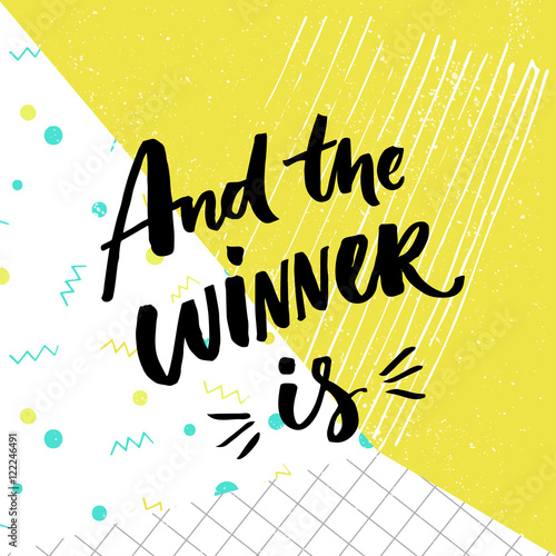 And the winner is. Giveaway banner for social media contests. Brush lettering at playful and colorful pop abstract background with squared paper, green, blue and white.