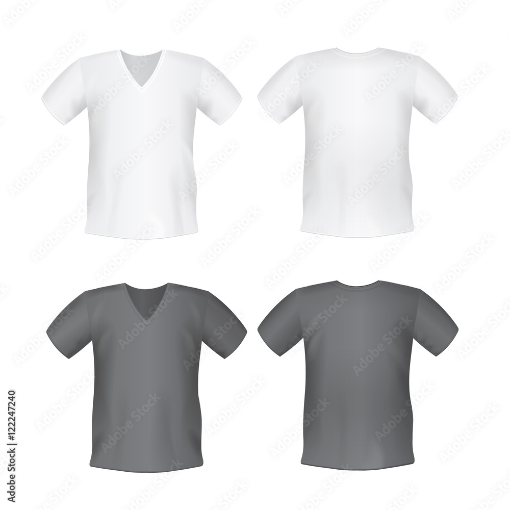 Fototapeta premium White black men's or unisex t-shirt short front and back views vector mockups. Template fashion tshirt illustration.