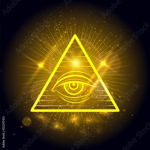 Masonic eye of Omniscience on golden shining background. Mystical symbol vector illustration