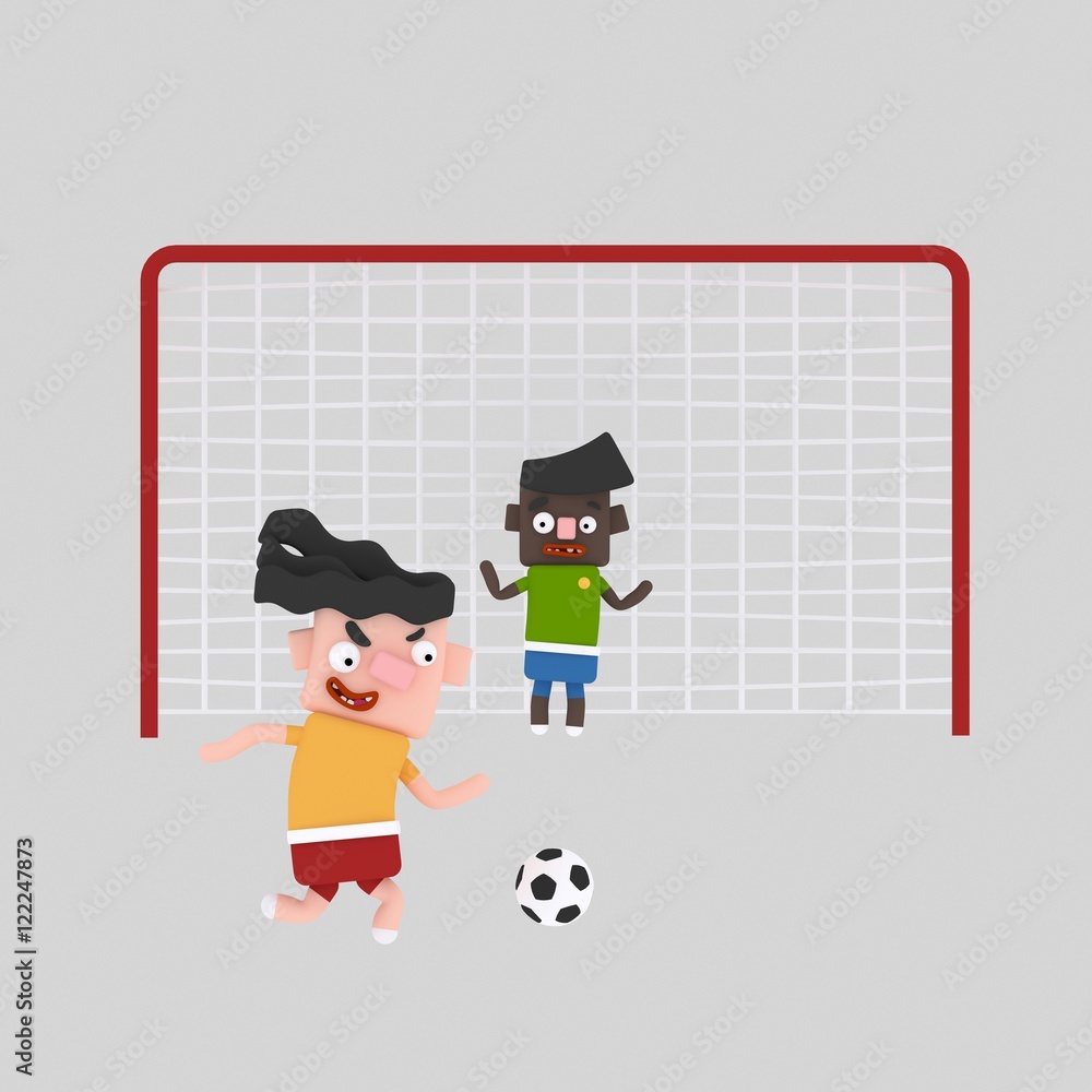 3d illustration. A boy kicking a ball. Penaltie