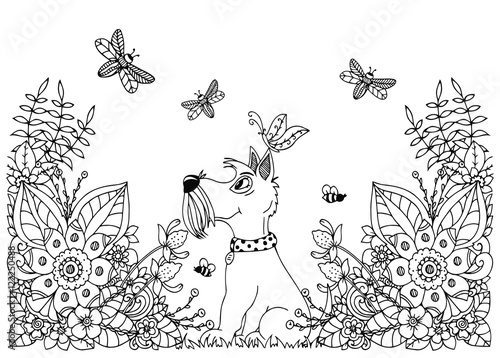 Vector illustration zentangl dog in flowers. Doodle floral drawing. A meditative exercises. Coloring book anti stress for adults. Black and white. photo