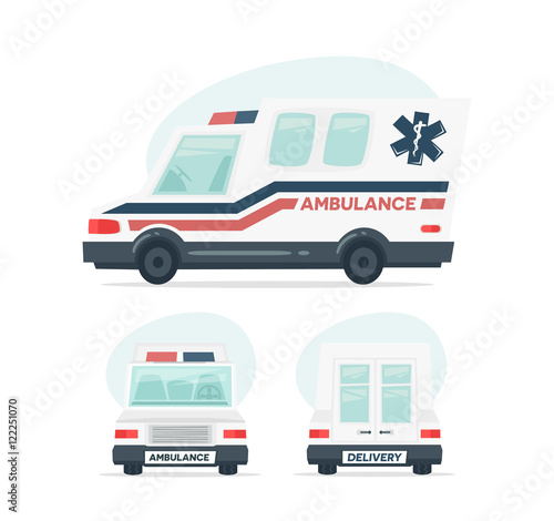 Set of cartoon ambulance car. Isolated objects on white background in flat cartoon style. Vector illustration.