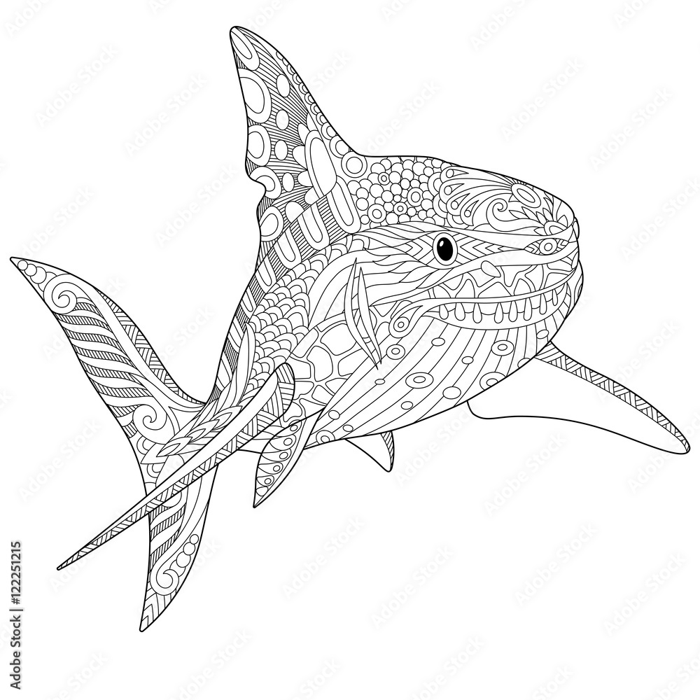 Naklejka premium Stylized underwater shark, isolated on white background. Freehand sketch for adult anti stress coloring book page with doodle and zentangle elements.