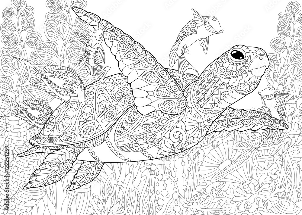 Fototapeta premium Stylizowana kompozycja żółwia (żółwia), tropikalnej ryby, podwodnych wodorostów i koralowców. Szkic odręczny dla dorosłych kolorowanki antystresowe z elementami doodle i zentangle.