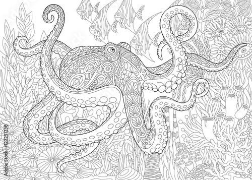 Stylized composition of octopus (poulpe), tropical fish, underwater seaweed and corals. Freehand sketch for adult anti stress coloring book page with doodle and zentangle elements.