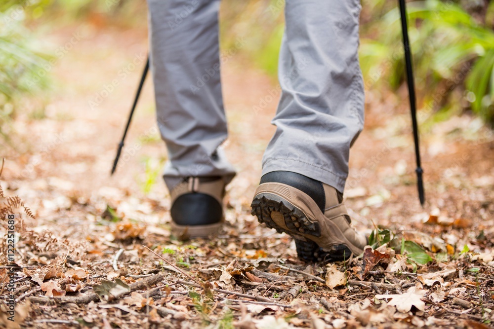 Male hiker walking with hiking pole