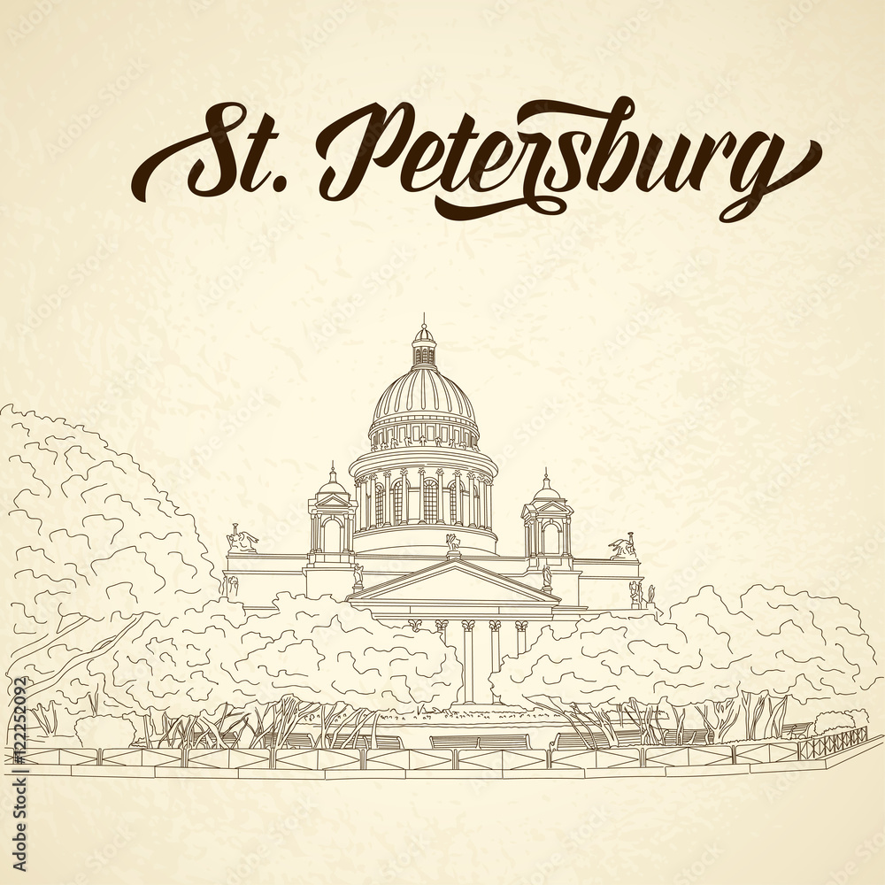 St. Isaac's Cathedral sketching on vintage background. Saint Petersburg, Russia. Vector illustration for your design