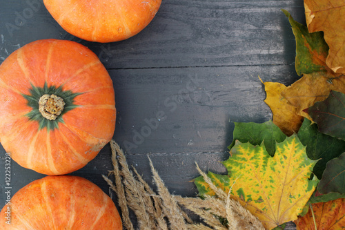 Тыква, кленовые листы и сухая трава в канун праздника Хеллоуин