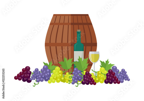 Wooden Barrel with Wine. Different Grapes Sorts .