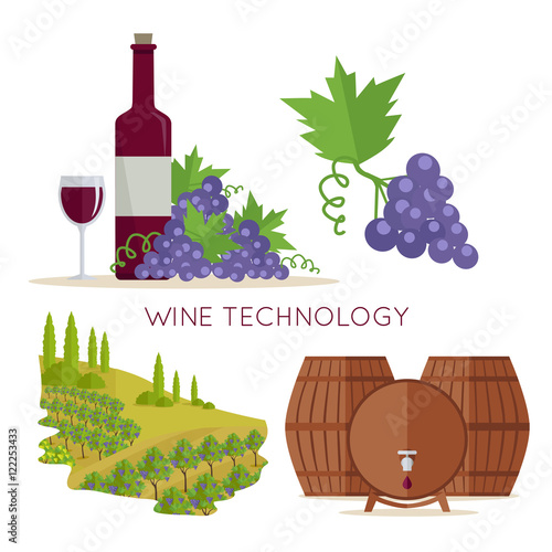 Wine Technology. Bottle of Vine, Beaker, Vineyard